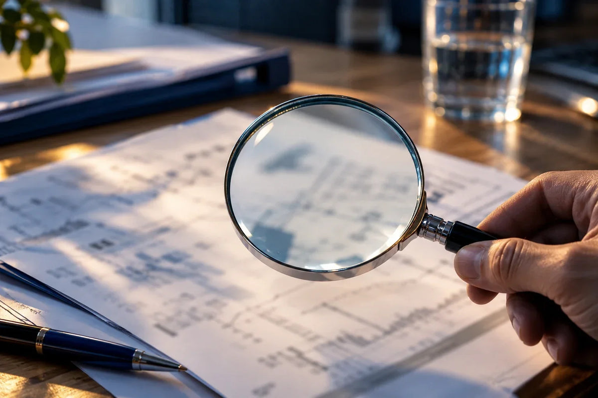 Lente e documenti tecnici su una scrivania, con testo non leggibile