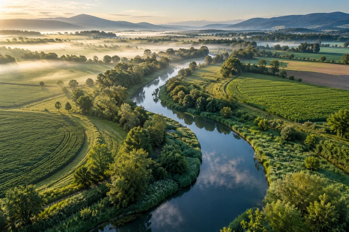 Paesaggio agricolo attraversato da un corso d’acqua, illustrazione ambientale