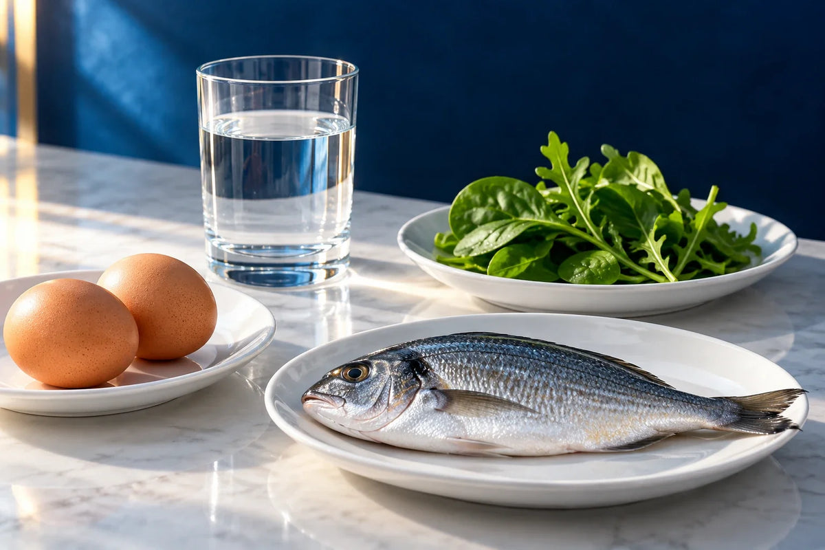 Acqua, uova, verdure e un pesce su piatti separati: illustrazione della filiera alimentare